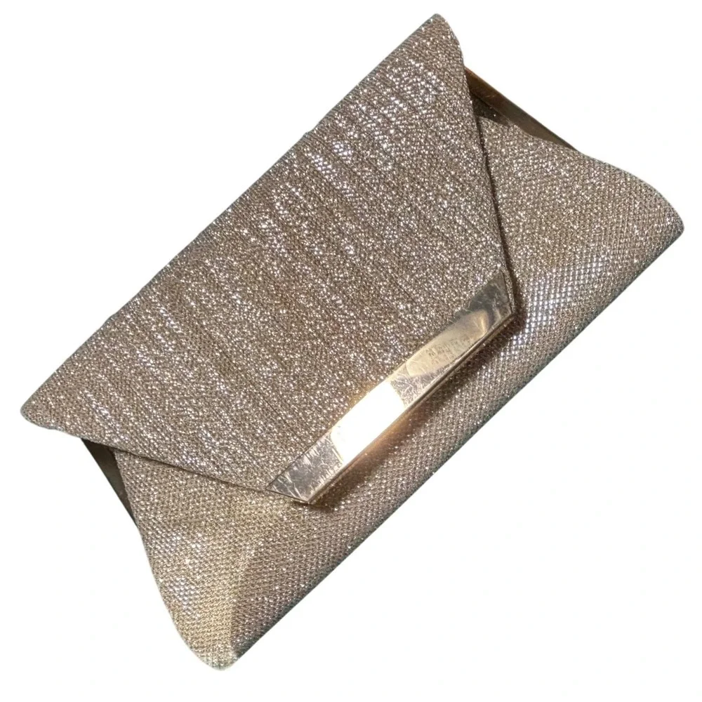Envelope Clutch Womens Small Champagne‎ Gold Glitter Pleated Evening Bag READ